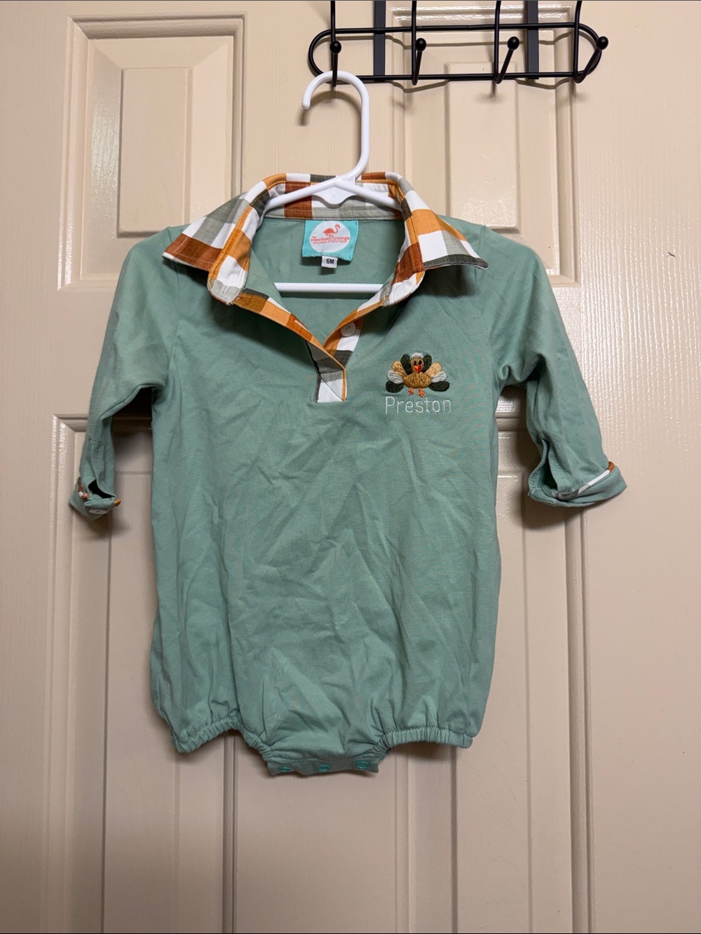 Personalized Green Button-Down Kids One-Piece Shirt with Plaid Collar